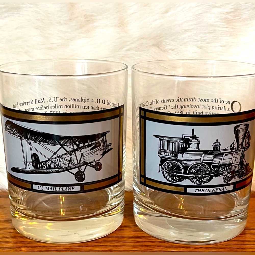 NEW Vintage Aviation and Locomotive Glass Set 22K Gold Trim
